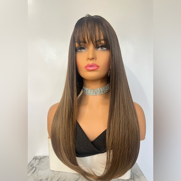 Balayage Brown roots  Dark Blonde hair Wig with Bangs 20” - Picture 1 of 5